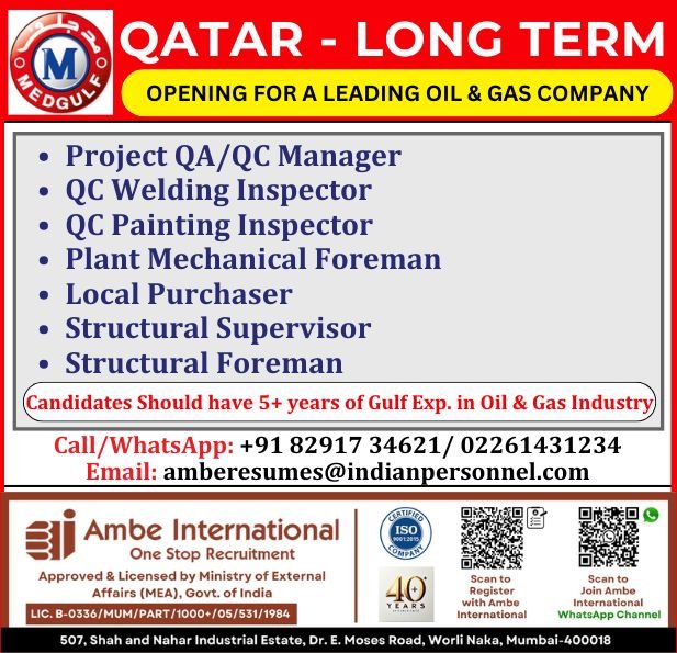 Urgent Hiring for Qatar Oil & Gas Long-Term Project