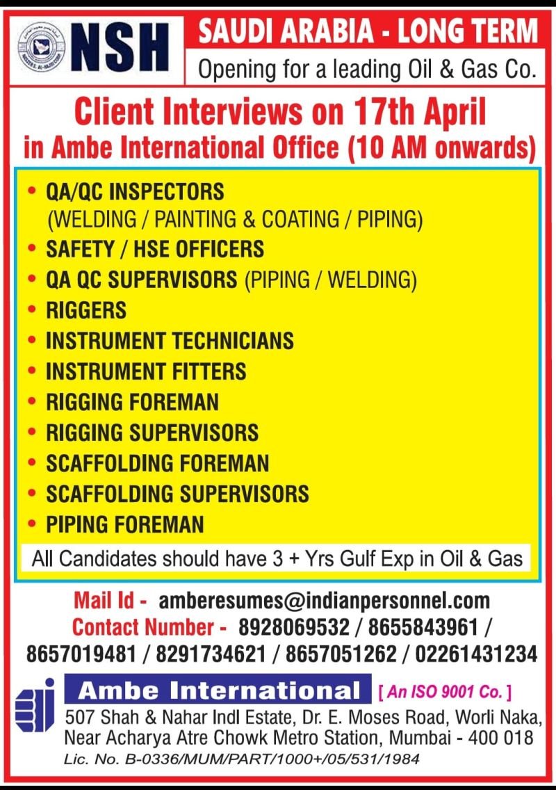 Saudi Arabia - LongTerm hiring for a leading Oil & Gas company