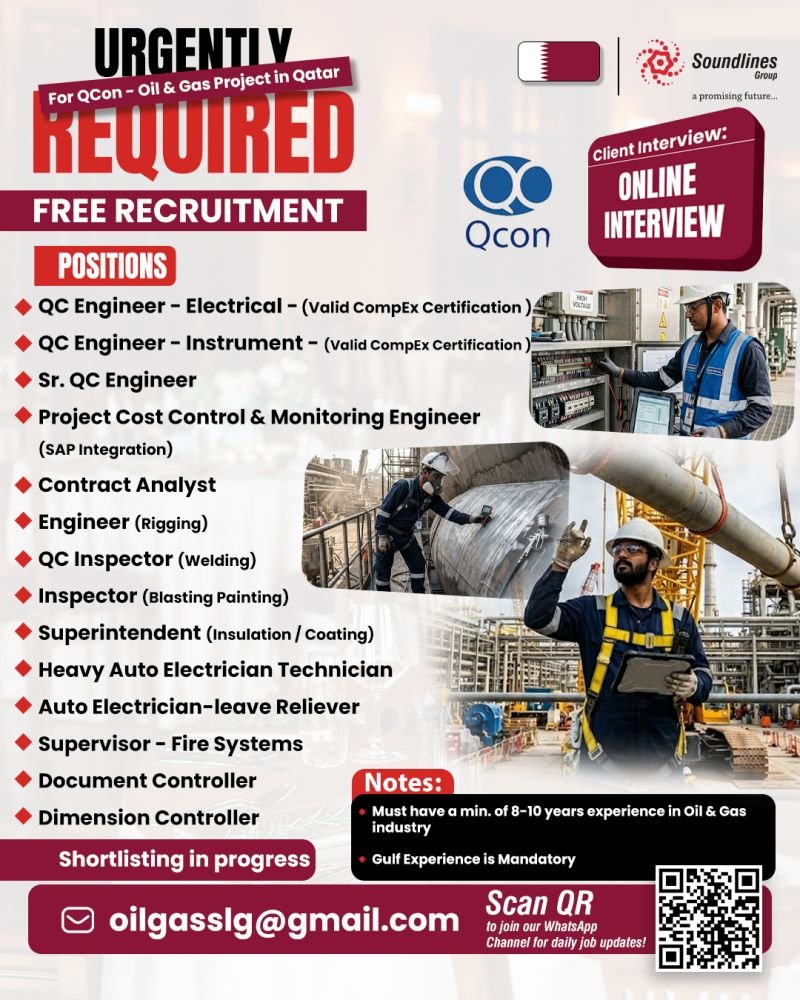 Hiring For QCon - Oil & Gas Project in Qatar - Apply Now