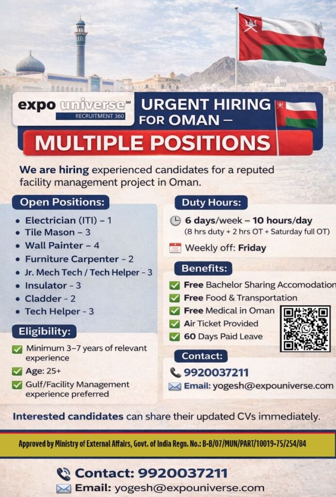 Urgent Hiring for Oman for a reputed facility management project