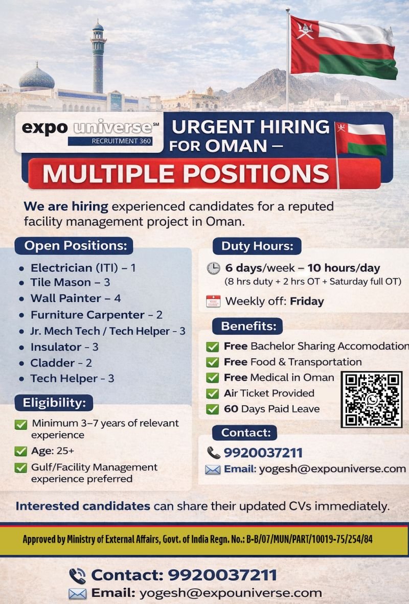 Urgent Hiring for Oman for a reputed facility management project