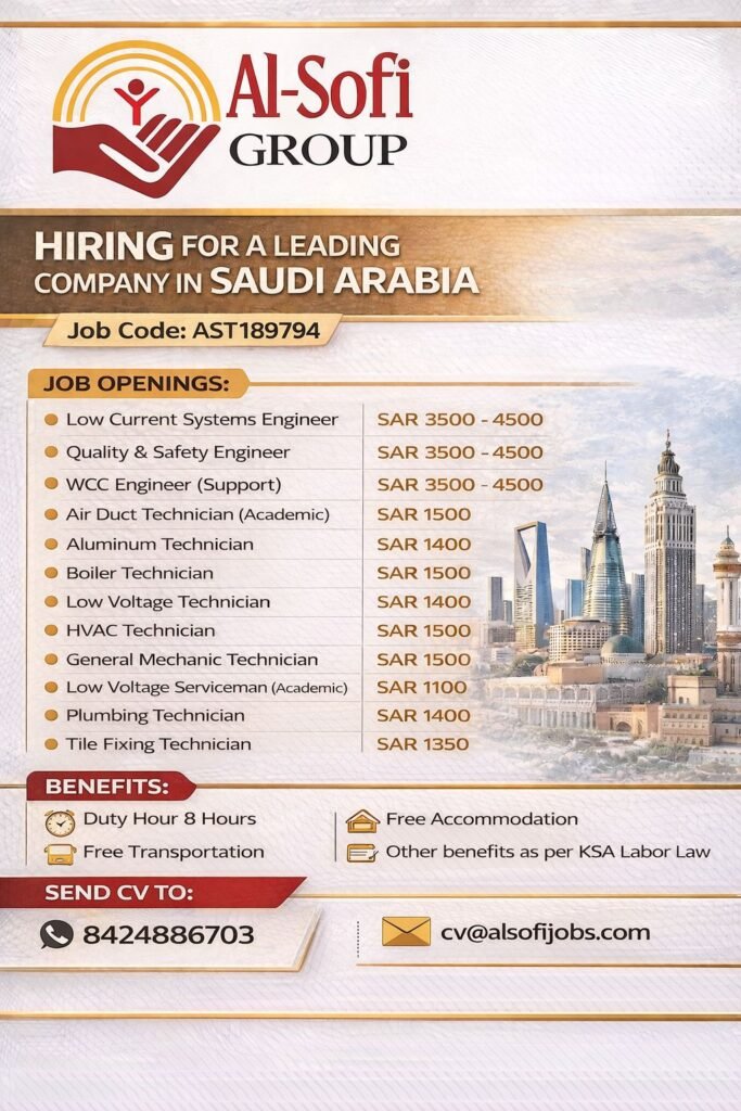 Saudi Arabia Job Vacancies 2026 – Engineering & Technician Hiring 