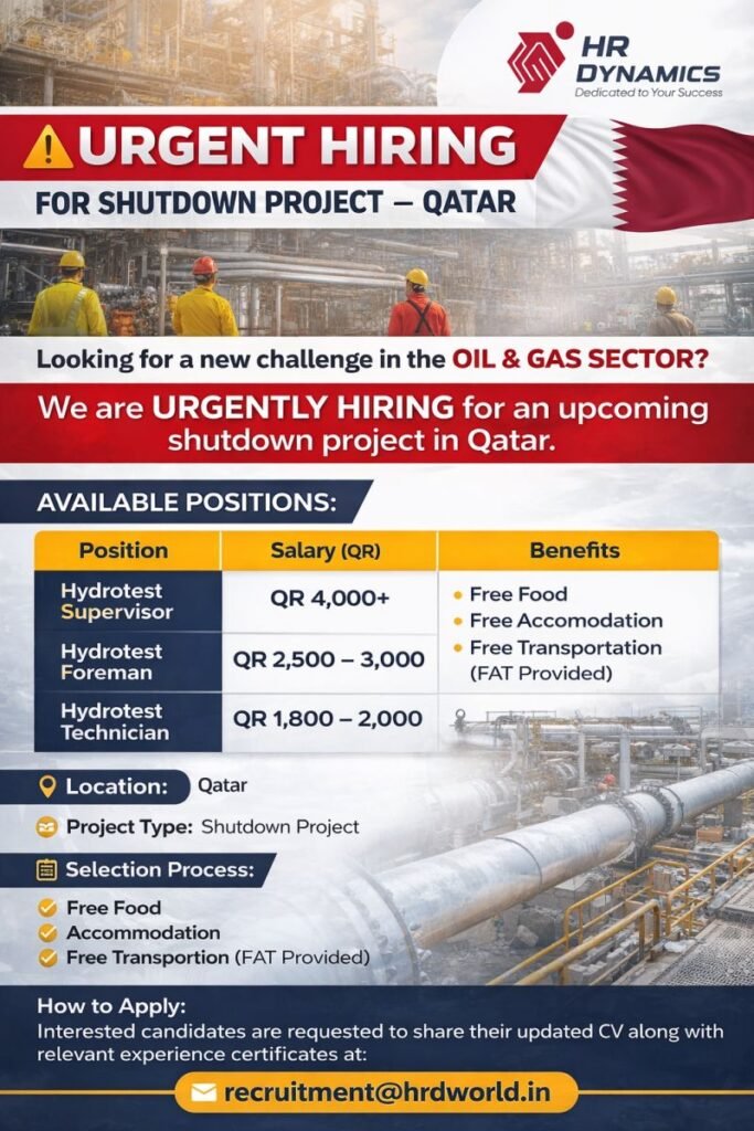 Urgent Shutdown Project Jobs in Qatar – Oil & Gas Vacancies 2026 | Apply Now Urgent Shutdown Project Jobs in Qatar – Oil & Gas Vacancies 2026 | Apply Now