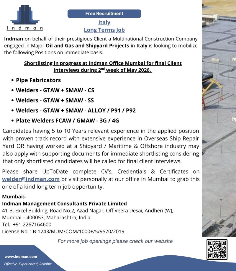 Free Recruitment For Italy - Onshore Job Free Recruitment For Italy - Onshore Job