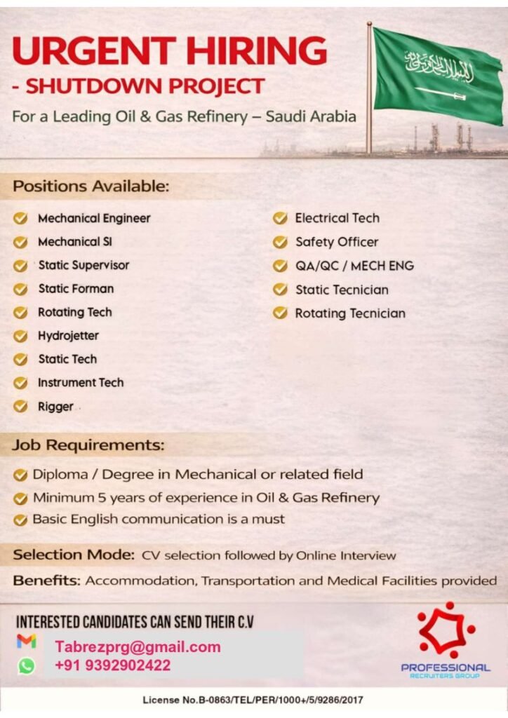 Saudi Arabia Shutdown Project Jobs 2026 – Oil & Gas Refinery Vacancies | Apply Now