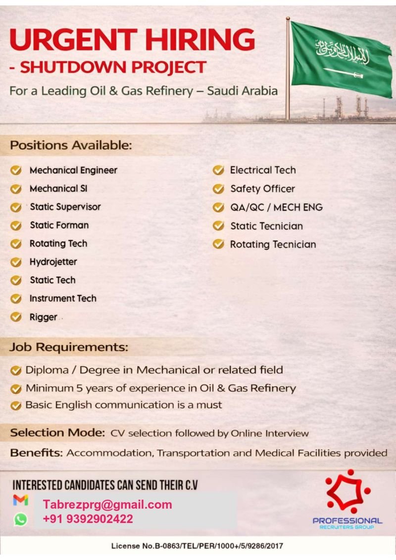 Saudi Arabia Shutdown Project Jobs 2026 – Oil & Gas Refinery Vacancies | Apply Now