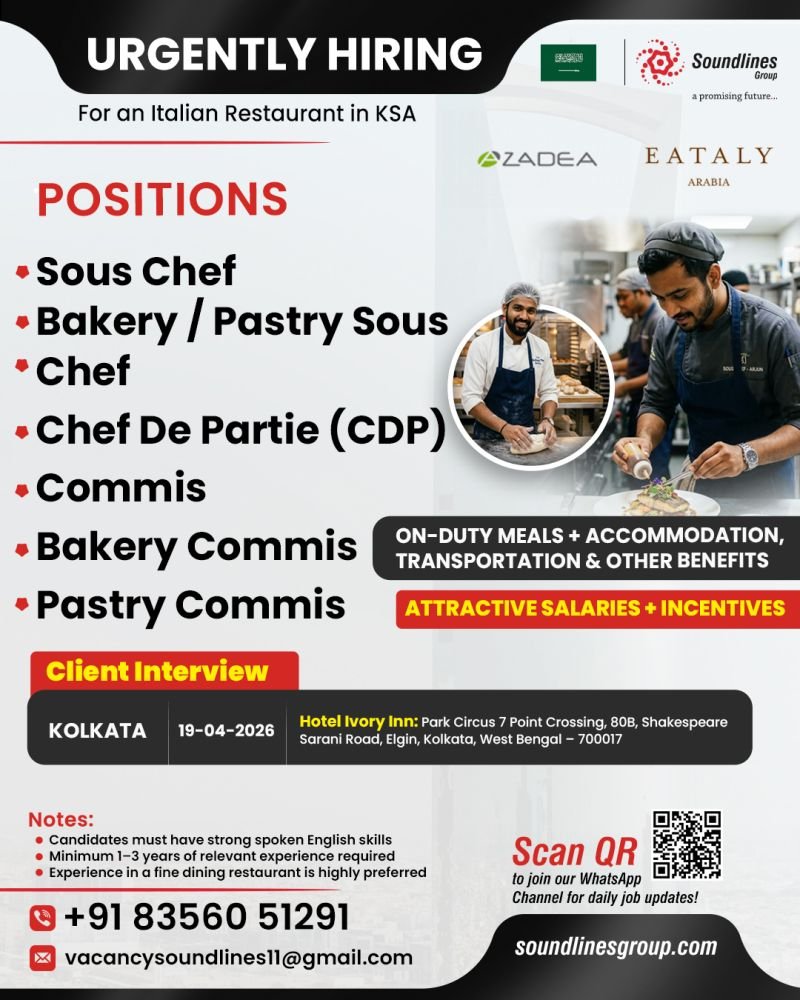 Hiring For an Italian Restaurant in Saudi Arabia