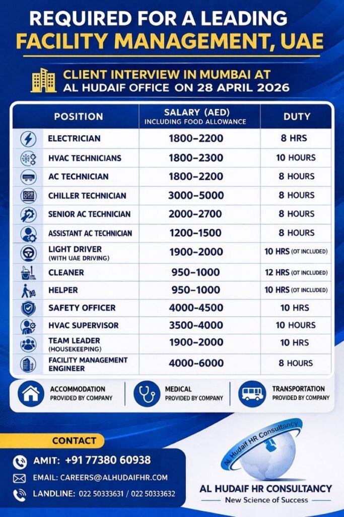 Hiring For A leading facility management company in the UAE