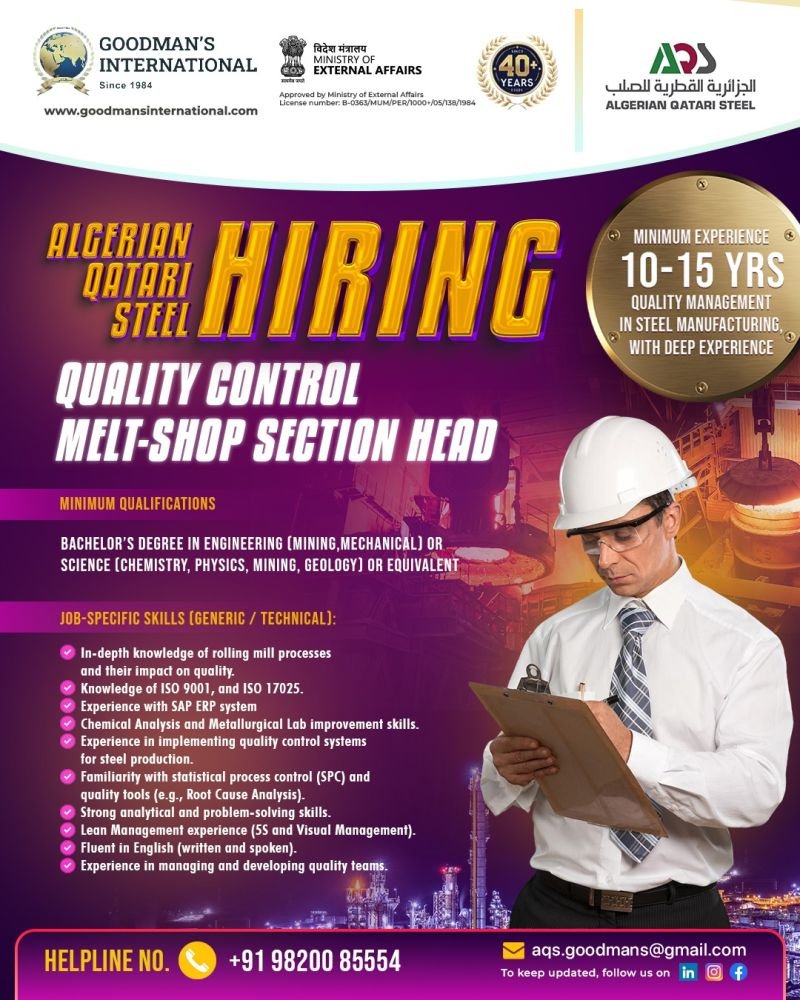 Quality Control Melt-Shop Section Head Jobs in Algerian Qatari Steel – Apply Now