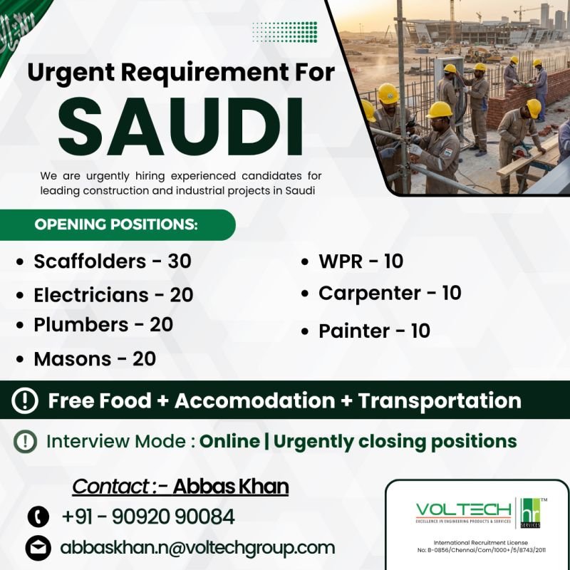 Urgent Construction Jobs in Saudi Arabia 2026 – Free Food, Accommodation & Online Interview