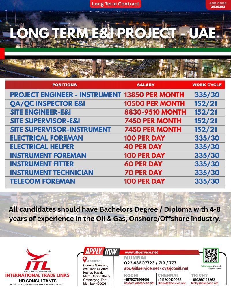 UAE Oil & Gas Jobs 2026 – Long-Term E&I Project Hiring | Engineers, Supervisors & Technicians | Apply Now