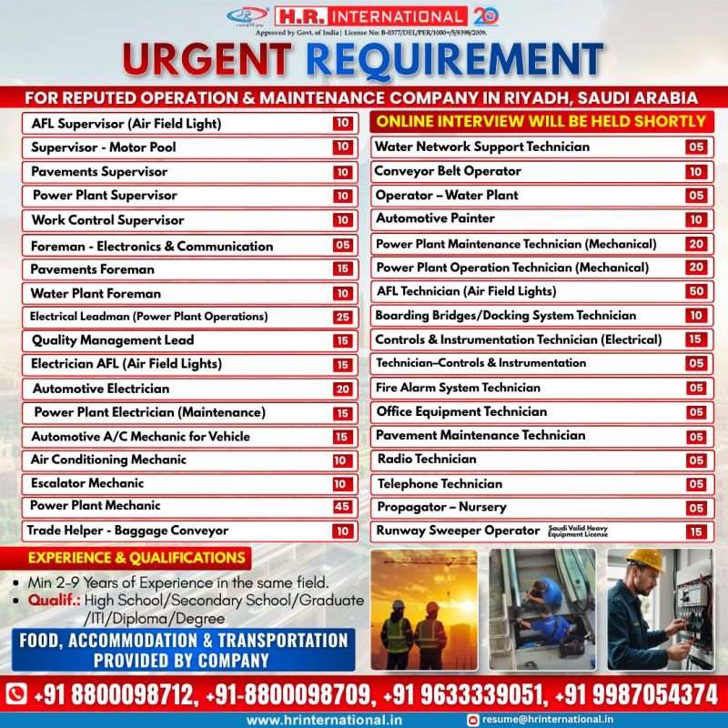 Saudi Arabia Jobs 2026 – Operation & Maintenance Company Hiring | Multiple Vacancies | Apply Now