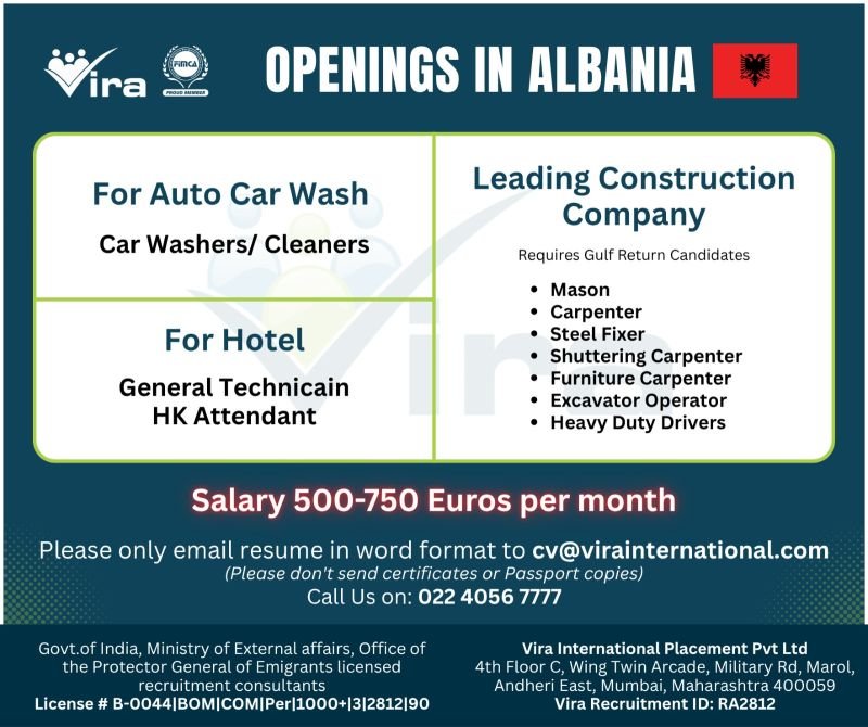 Jobs in Albania : Hiring For Construction, Hospitality, and Automotive sectors