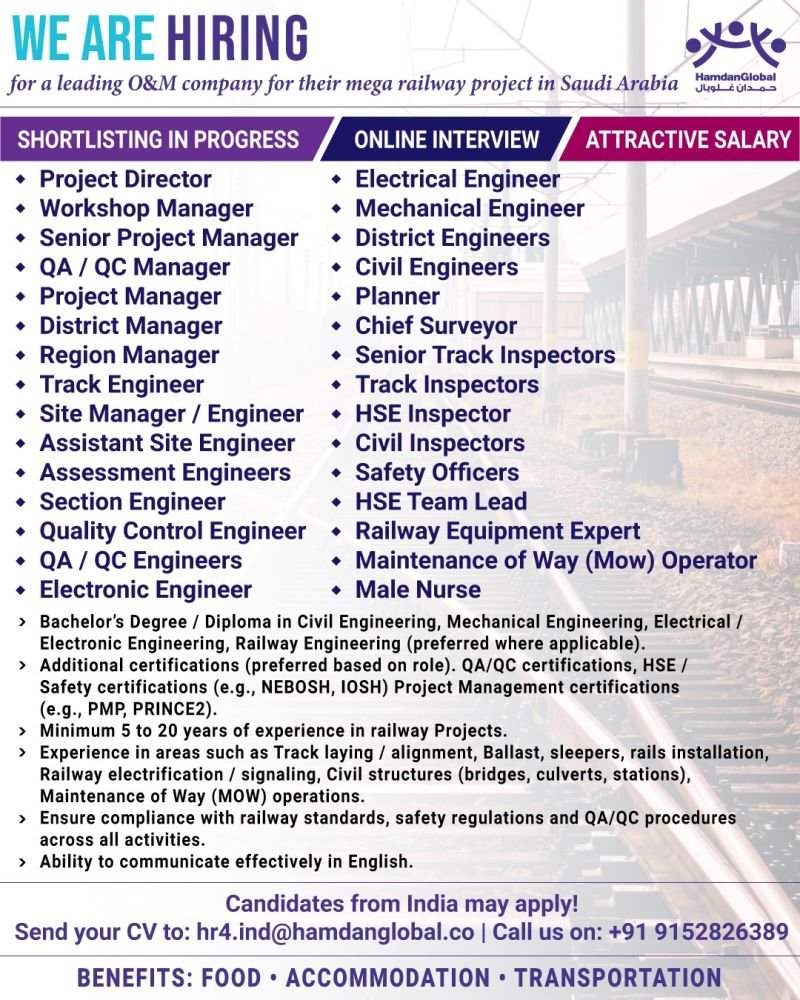 Saudi Arabia Railway Jobs 2026: Hiring for Engineers, Managers, Inspectors & More | Apply Online