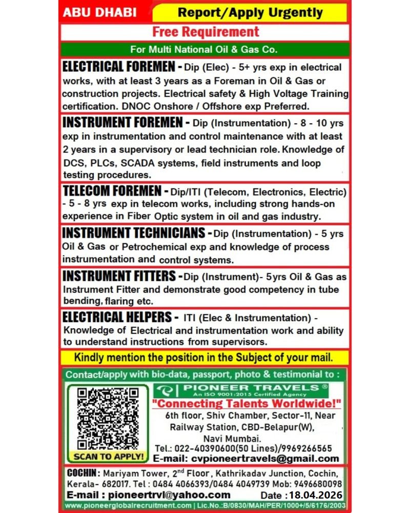 UAE Abudhabi : Hiring For Multinational Oil & Gas Company