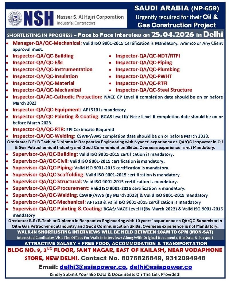 Saudi Arabia Oil & Gas Jobs 2026 – NSH Corporation Hiring | QA/QC Engineers & Inspectors
