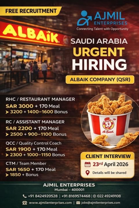 Albaik Saudi Arabia Jobs 2026 – Free Recruitment | Urgent Hiring for Restaurant Staff