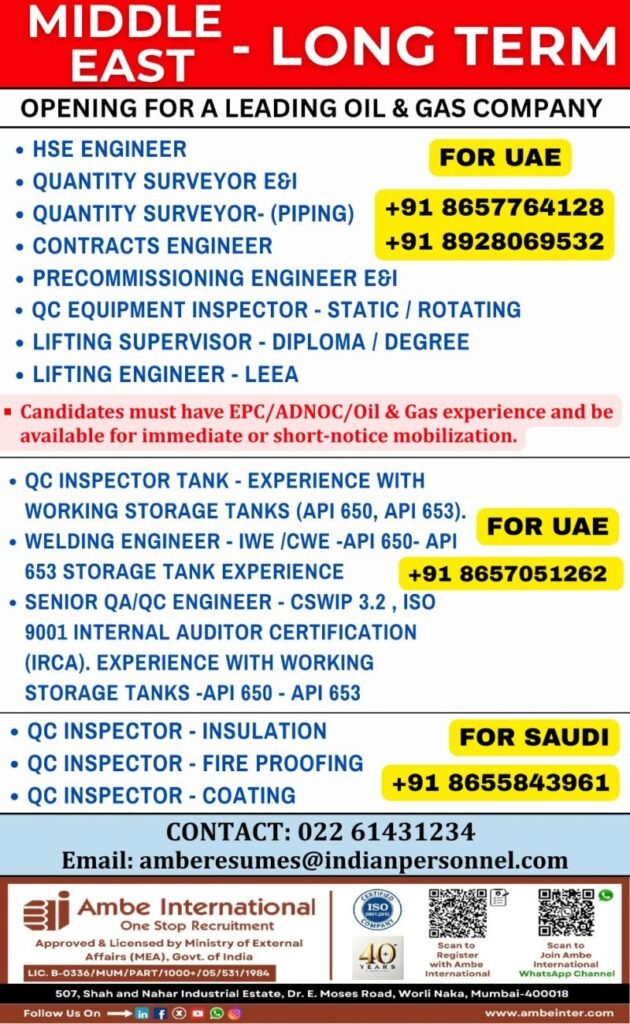 Hiring For A leading Oil & Gas company in UAE & Saudi Arabia 