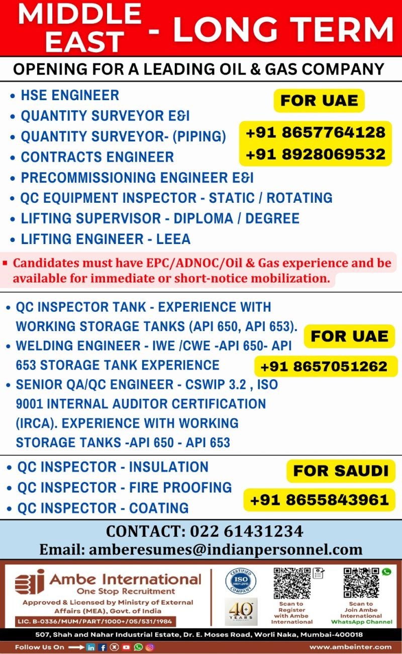 Hiring For A leading Oil & Gas company in UAE & Saudi Arabia 