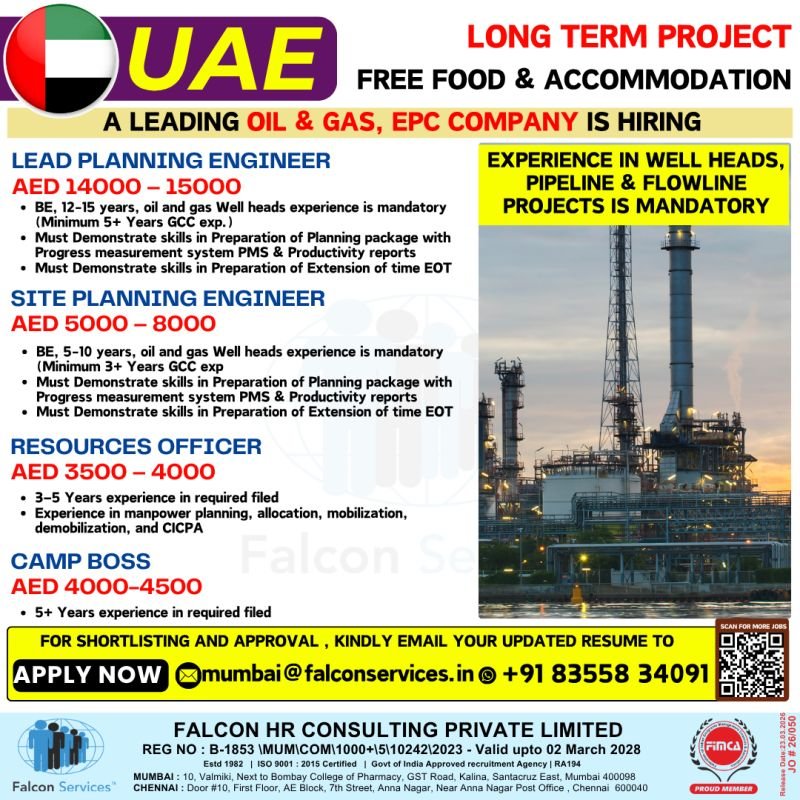 UAE : hiring for a long-term Oil & Gas / EPC project with free food and accommodation.