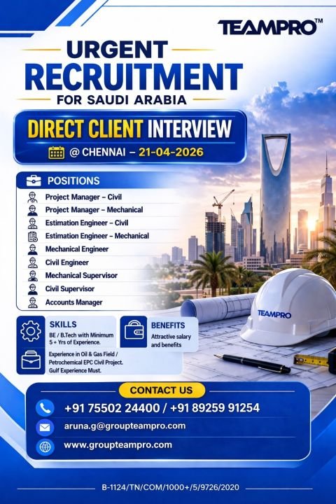 Urgent Recruitment For Saudi Arabia