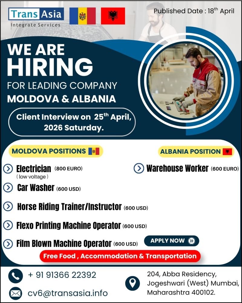 Europe Jobs 2026 – Hiring for Moldova & Albania | Free Food, Accommodation 