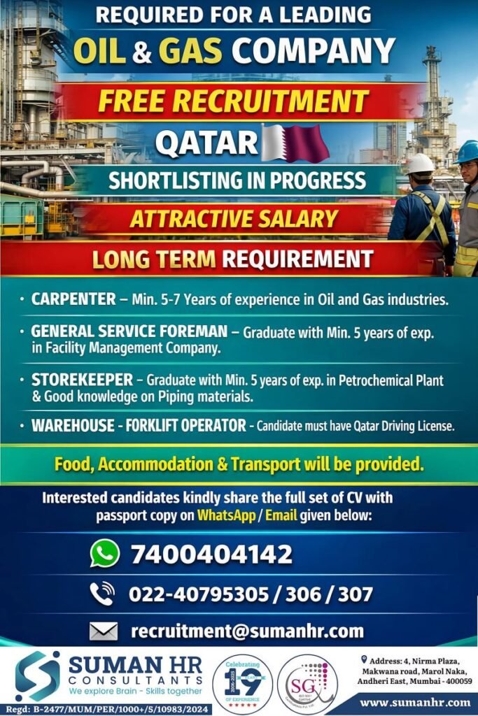 Free Recruitment Jobs in Qatar – Oil & Gas Company Hiring for Multiple Positions (Long-Term Opportunity)