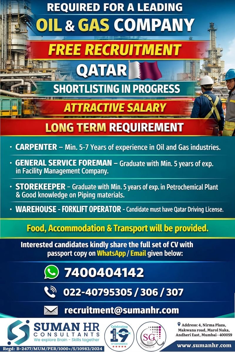 Free Recruitment Jobs in Qatar – Oil & Gas Company Hiring for Multiple Positions (Long-Term Opportunity)