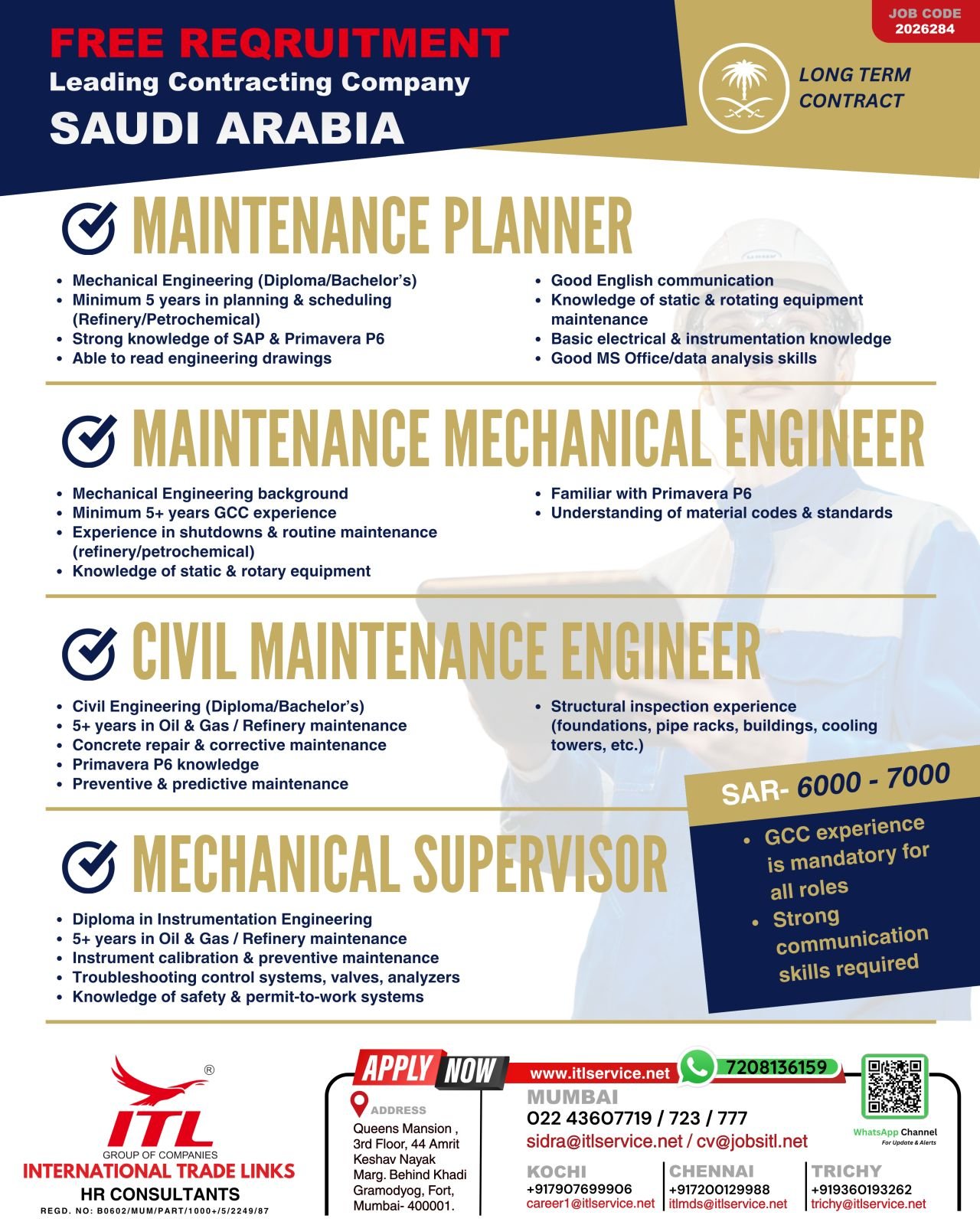 Free Recruitment for Saudi Arabia – Maintenance Planner, Engineers & Supervisors Jobs (Oil & Gas Sector)