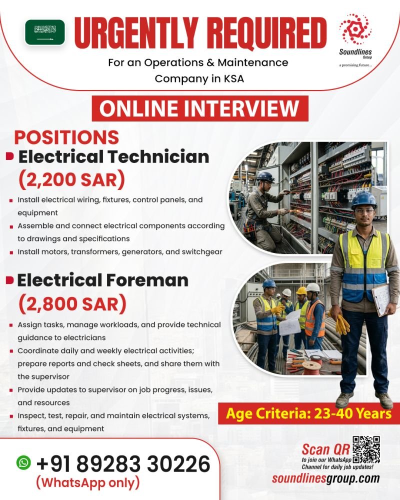 Hiring For an Operations & Maintenance Company in Saudi Arabia