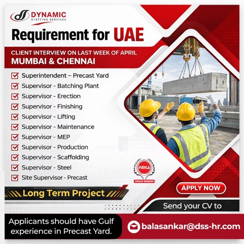 UAE Precast Industry Jobs 2026 – Urgent Hiring for Supervisors & Superintendent | Apply Now