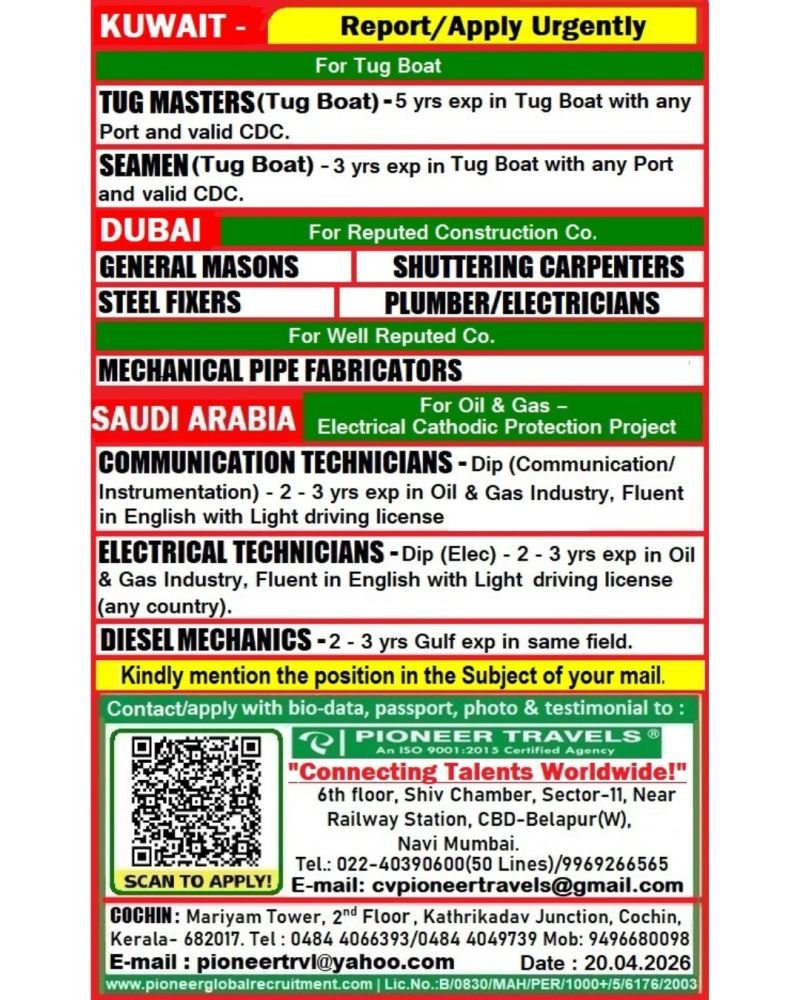 Urgent Hiring For Kuwait, Dubai & Saudi Arabia