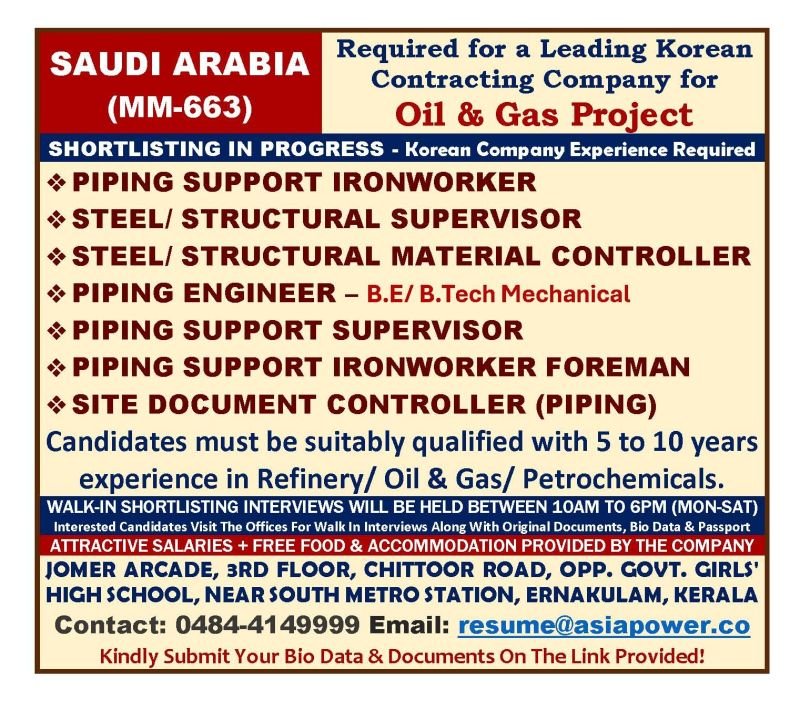 Saudi Arabia Oil & Gas Jobs – Korean Company Hiring for Piping, Structural & Engineering Role
