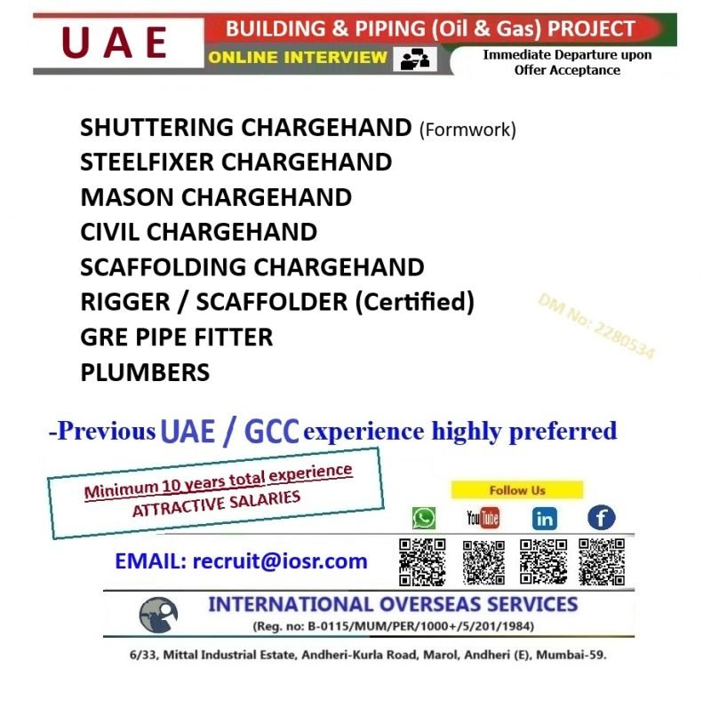 Urgent Job Vacancies In UAE For Building & Piping Projects (For Oil & Gas Sites)