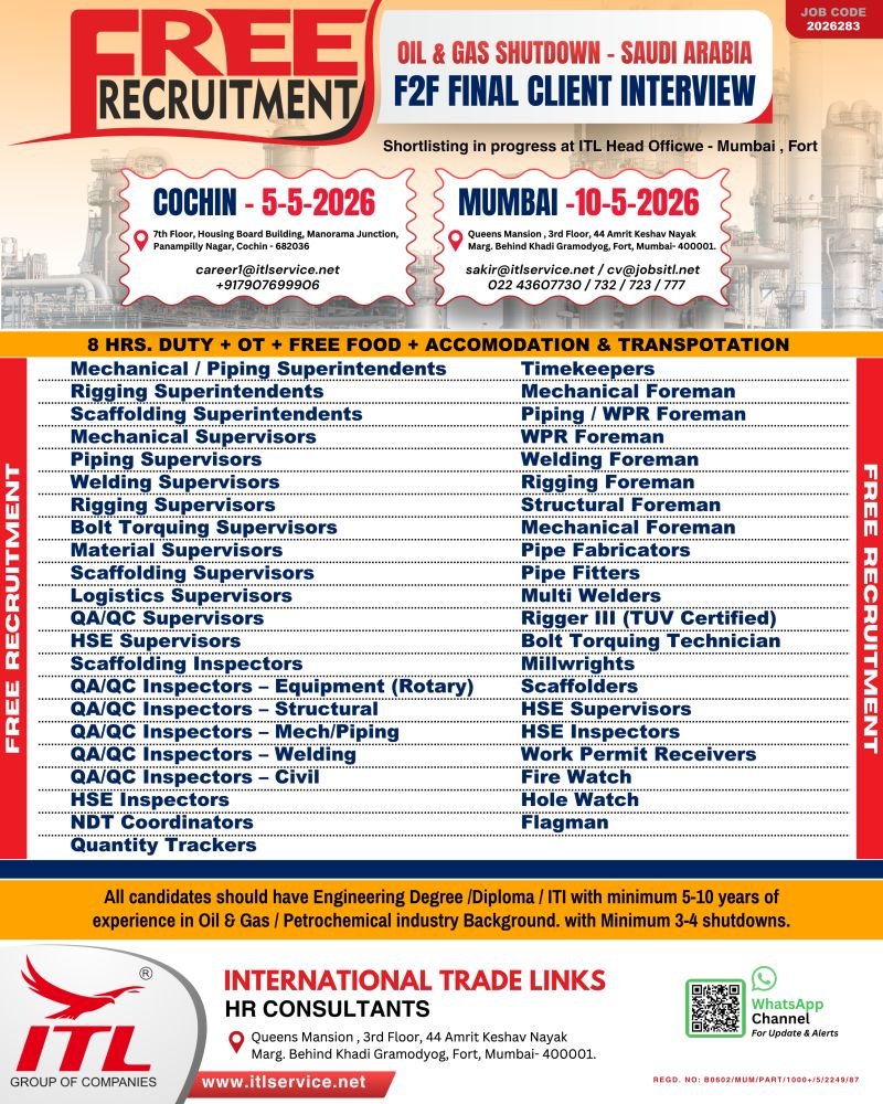 Oil & Gas Shutdown Jobs in Saudi Arabia 2026 – Free Recruitment | F2F Client Interview