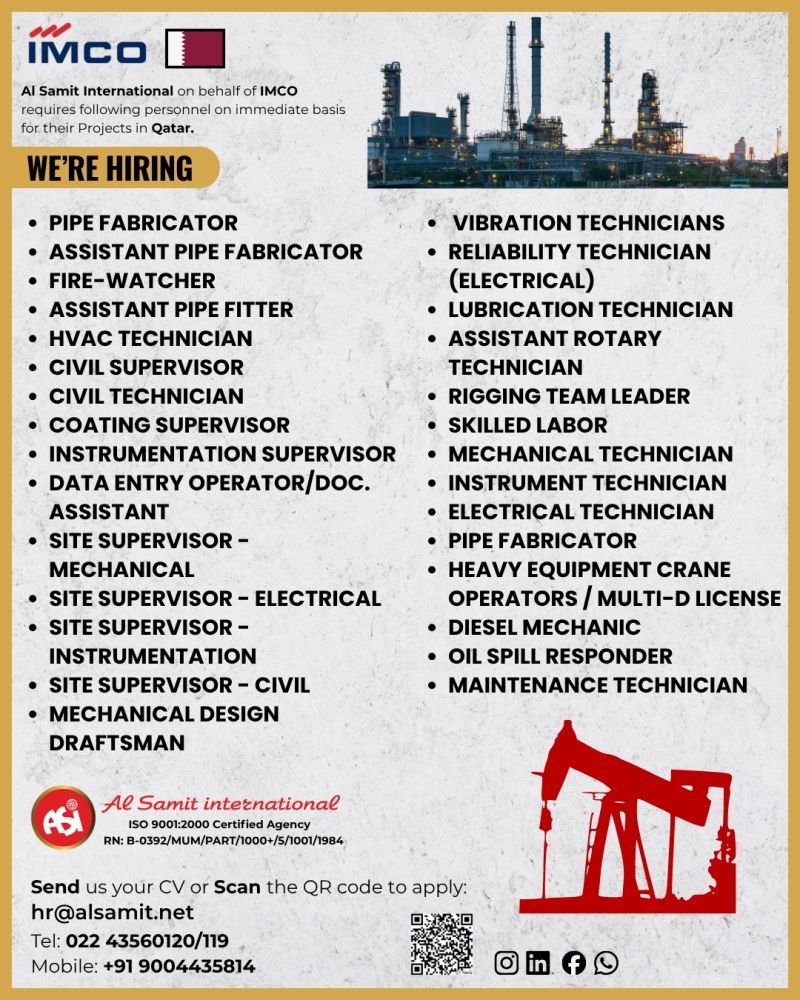 Qatar Oil & Gas Jobs 2026 – IMCO Project Hiring Multiple Positions | Apply Now