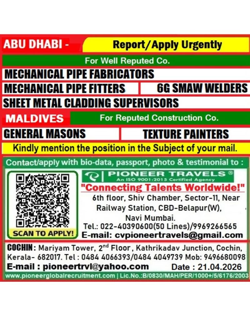Urgent Hiring For Abu dhabi & Maldives