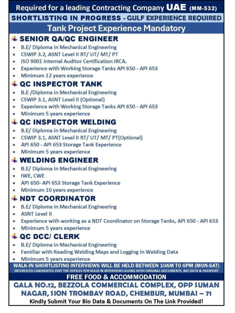 Hiring For A leading contracting company in the United Arab Emirates (UAE)