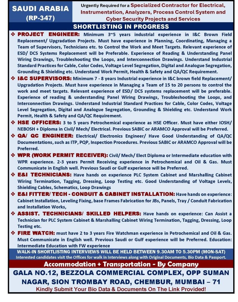 Saudi Arabia Jobs 2026 –  Engineers, Supervisors, HSE & Technicians Hiring | Apply Now