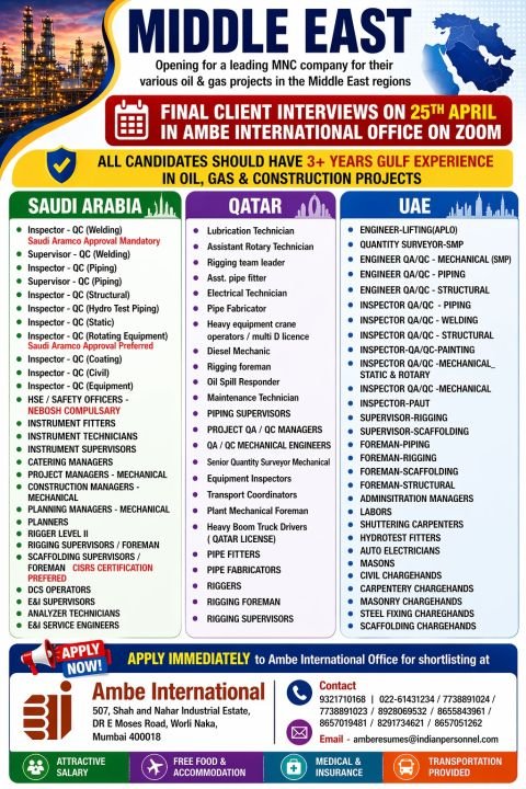 Saudi Arabia, Qatar & UAE Hiring for Oil & Gas Projects | Apply Now