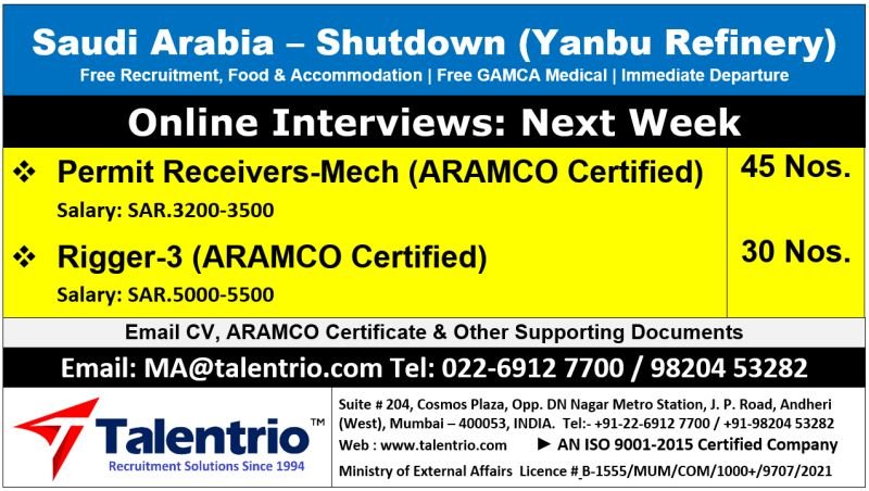 Saudi Arabia Shutdown Jobs 2026 – Yanbu Refinery | Apply Now