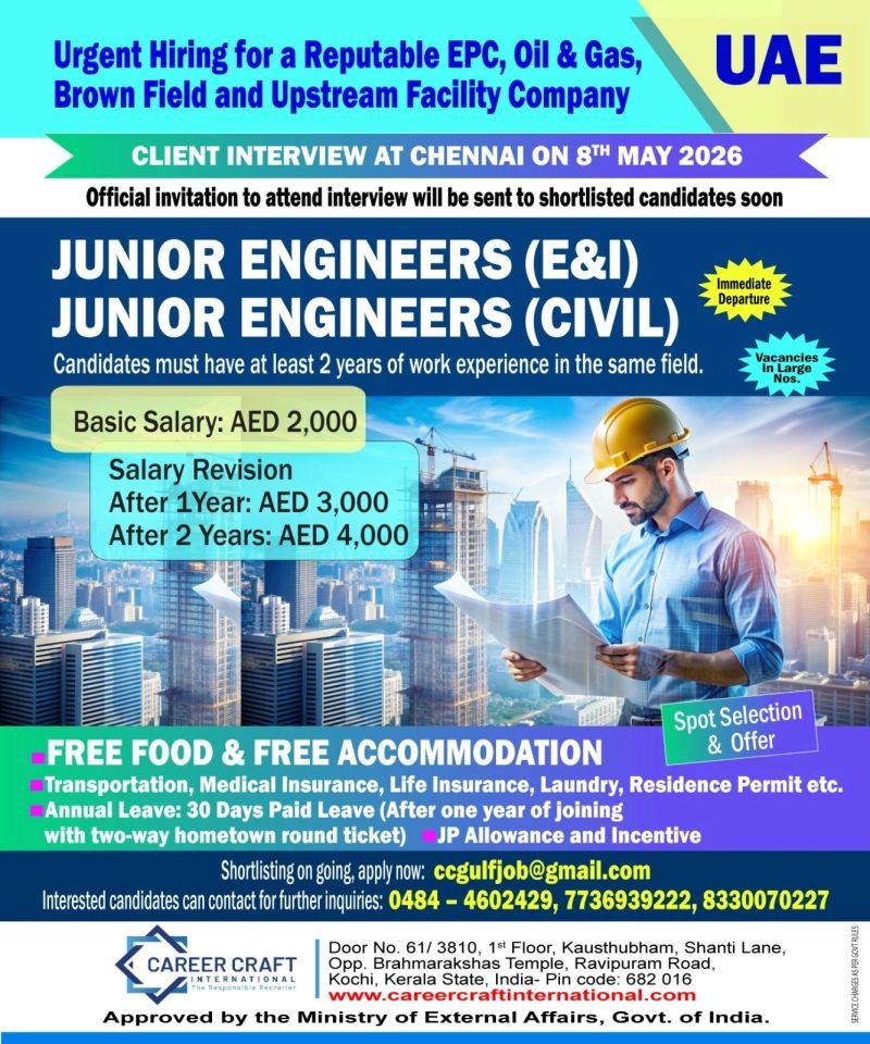 UAE Jobs 2026 – Junior Engineers (E&I & Civil) Hiring | Apply Now