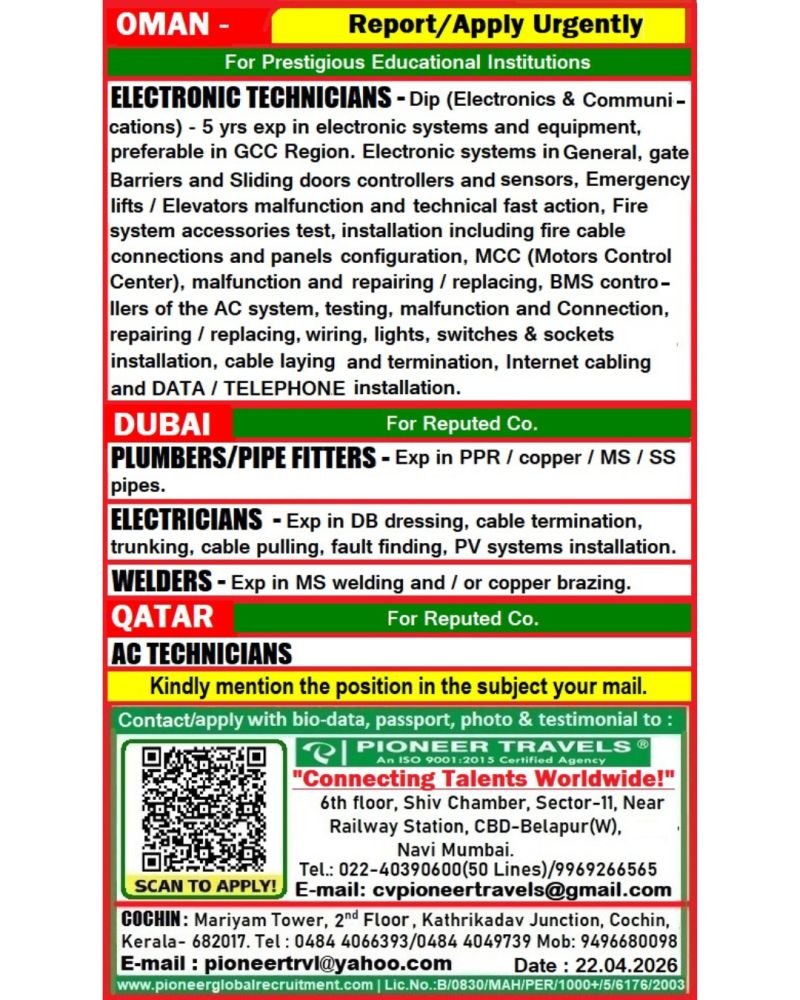 Hiring Urgently For Oman, Dubai & Qatar