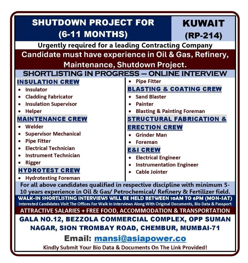 Shutdown Project Jobs in Kuwait (6–11 Months) – Oil & Gas Vacancies with Free Food, Accommodation & Transport