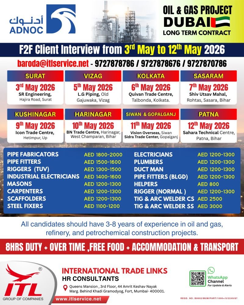 Dubai Oil & Gas Jobs 2026 | Urgent Hiring | F2F Interviews Across India | Apply Now