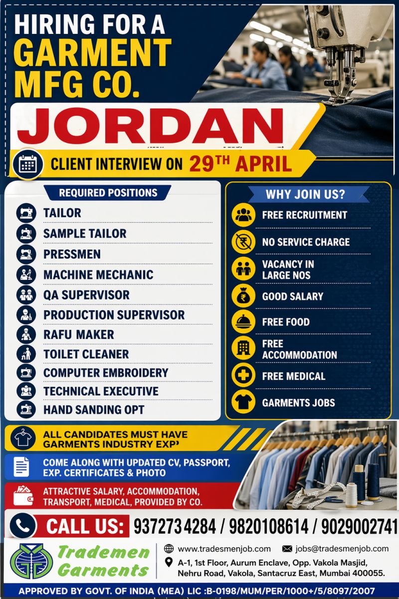 Jordan Garment Industry Jobs 2026 | Tailor, Supervisor & Technician Vacancies | Free Recruitment | Apply Now
