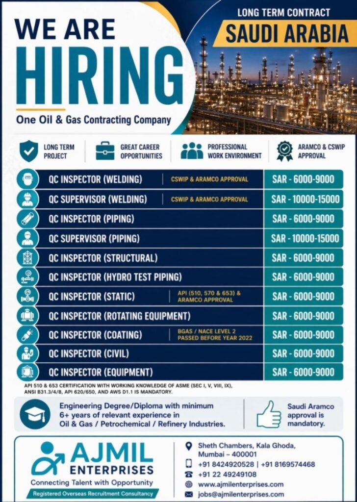 Saudi Arabia : Urgent Hiring Inspectors & Supervisors (Oil & Gas Industry)