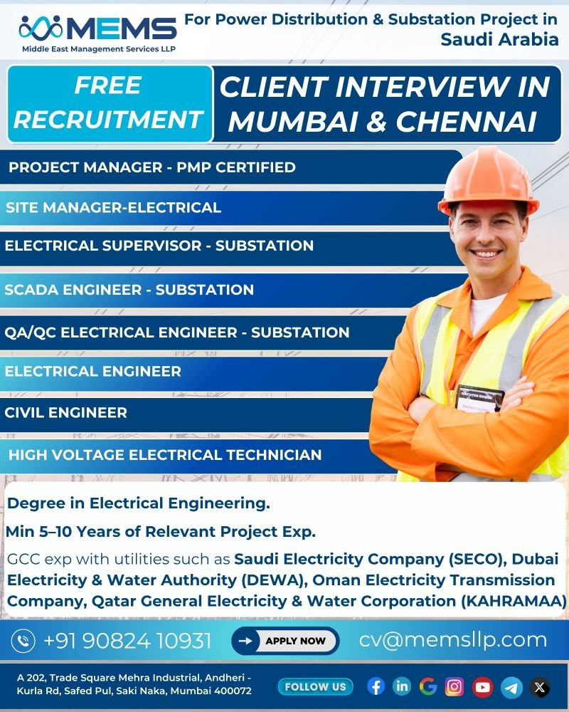 hiring for a Power Distribution & Substation Project in Saudi Arabia.