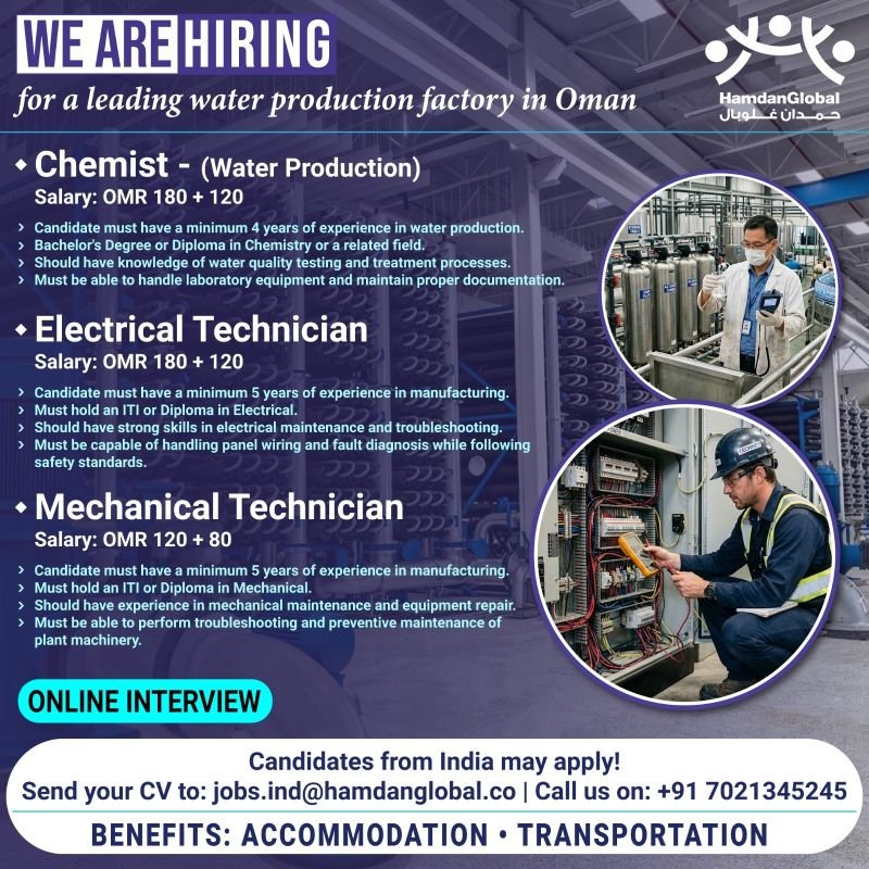 hiring for a leading water production factory in Oman