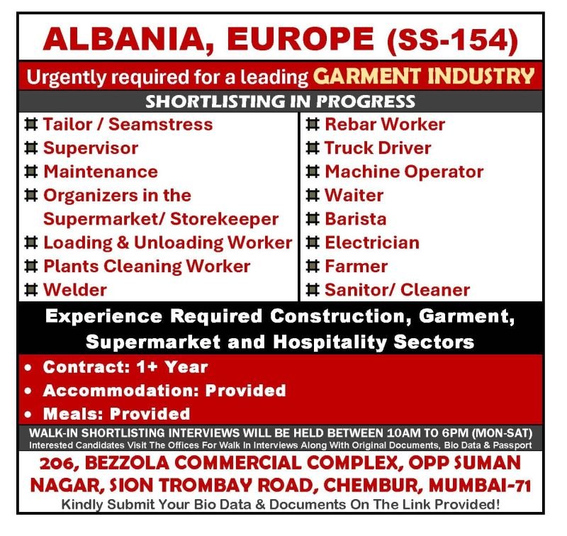 Albania Jobs 2026 | Europe Garment & Multi-Sector Vacancies | Free Food & Accommodation | Apply Now